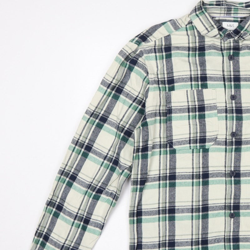 M&S Men’s Green Navy Plaid Cotton Overshirt S Button-Down