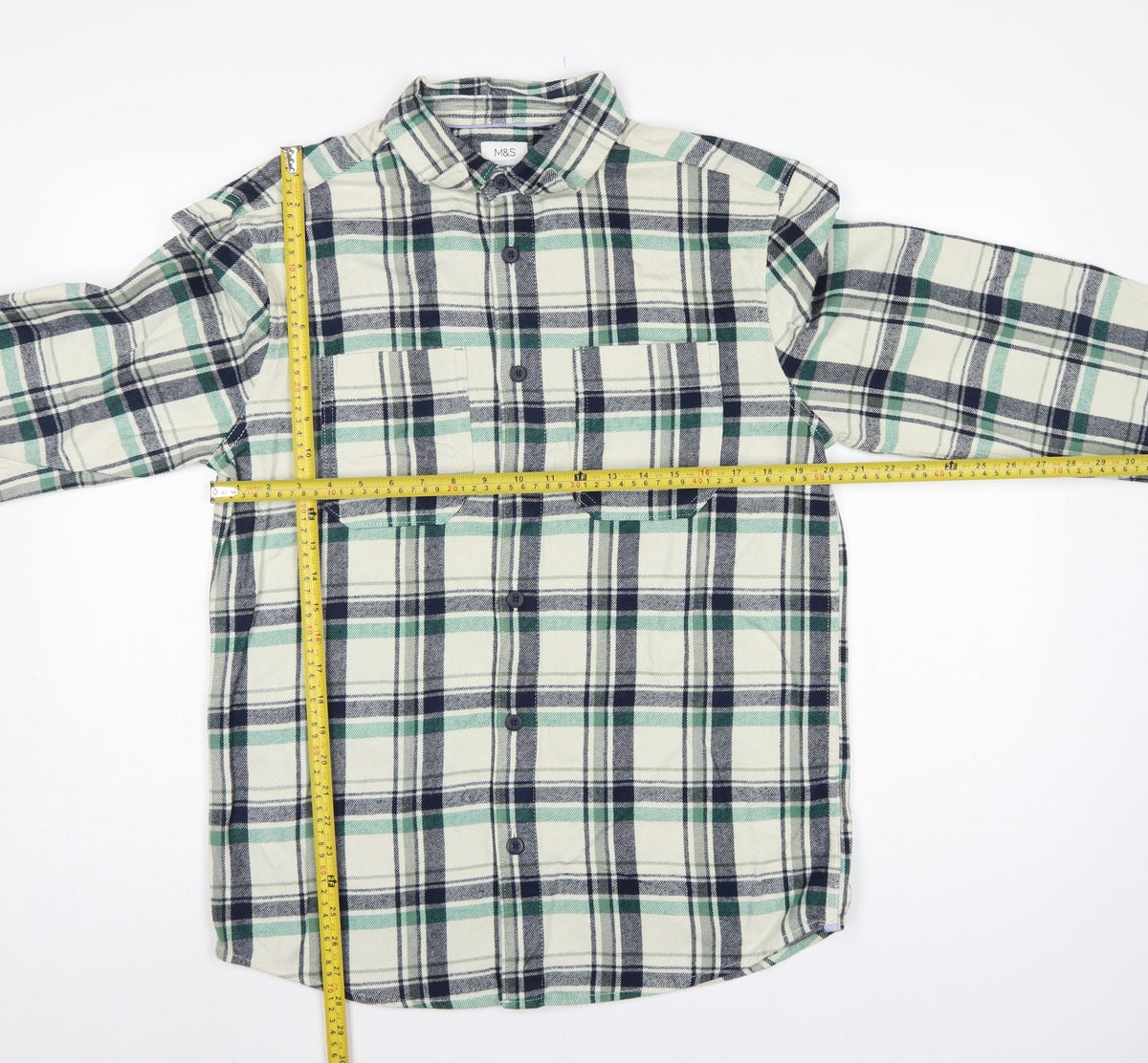 M&S Men’s Green Navy Plaid Cotton Overshirt S Button-Down