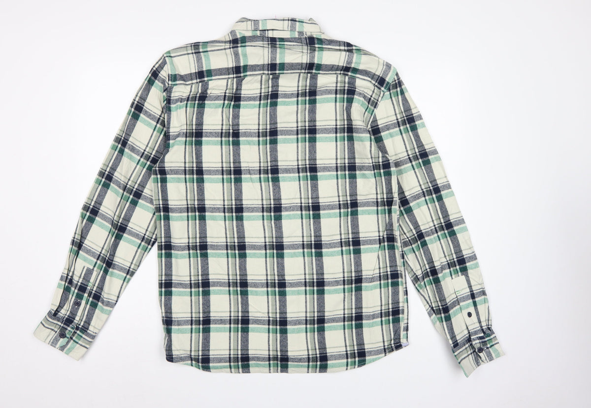 M&S Men’s Green Navy Plaid Cotton Overshirt S Button-Down