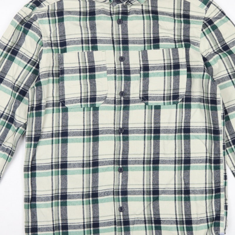 M&S Men’s Green Navy Plaid Cotton Overshirt S Button-Down