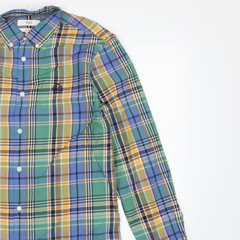 Marks and Spencer Men’s Multicoloured S Cotton Plaid Button-Down Shirt