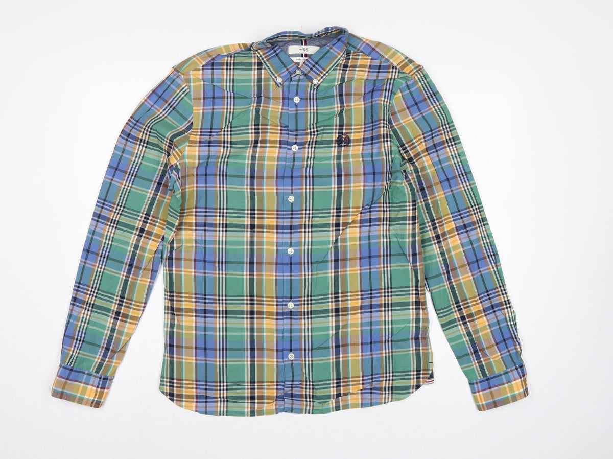 Marks and Spencer Men’s Multicoloured S Cotton Plaid Button-Down Shirt
