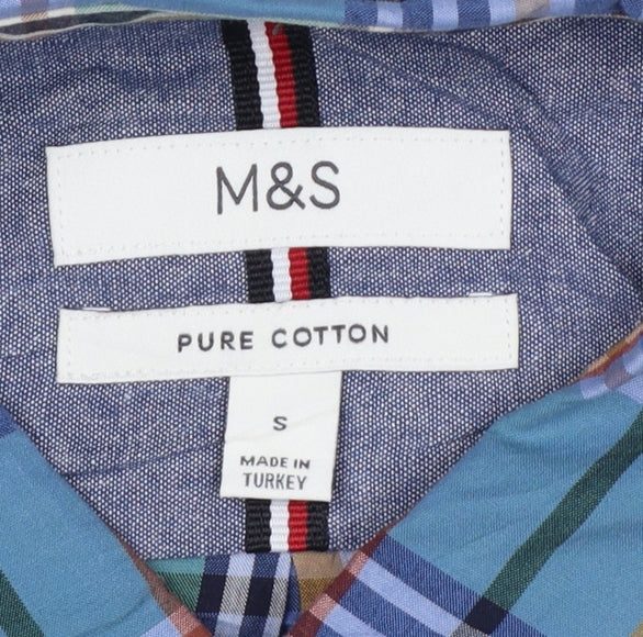 Marks and Spencer Men’s Multicoloured S Cotton Plaid Button-Down Shirt