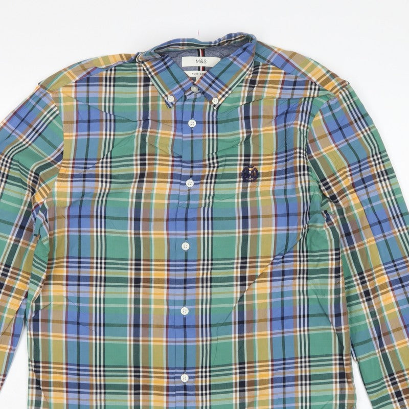 Marks and Spencer Men’s Multicoloured S Cotton Plaid Button-Down Shirt