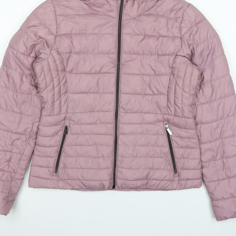 Zara Women Pink L Hooded Puffer Jacket Quilted Full Zip