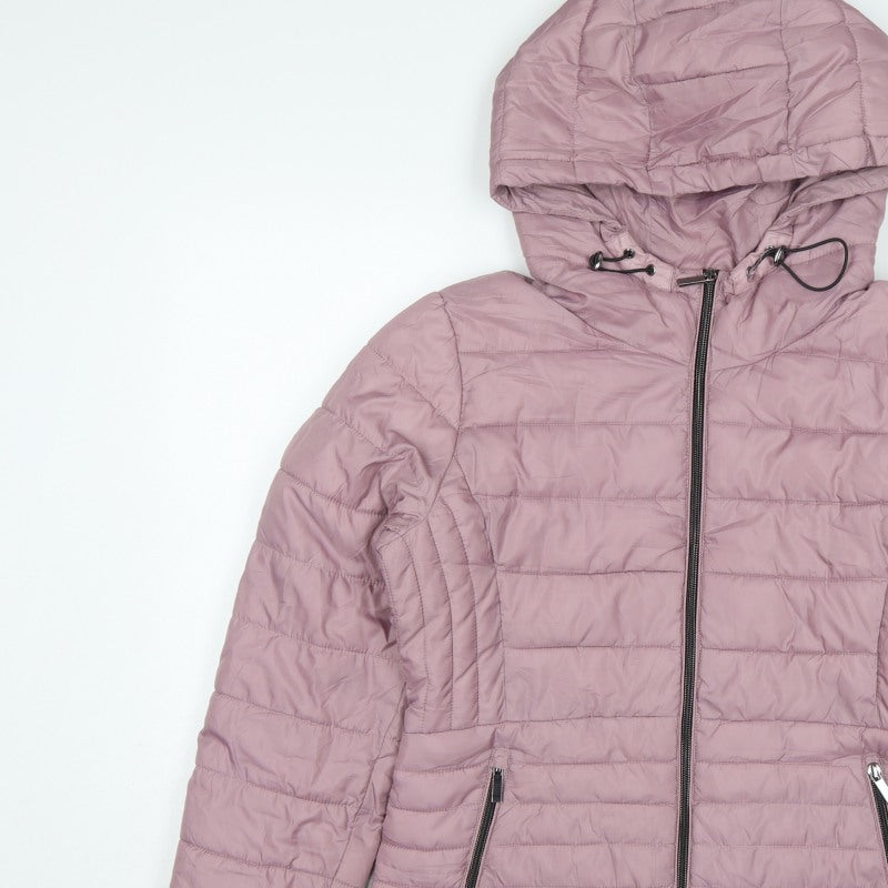 Zara Women Pink L Hooded Puffer Jacket Quilted Full Zip