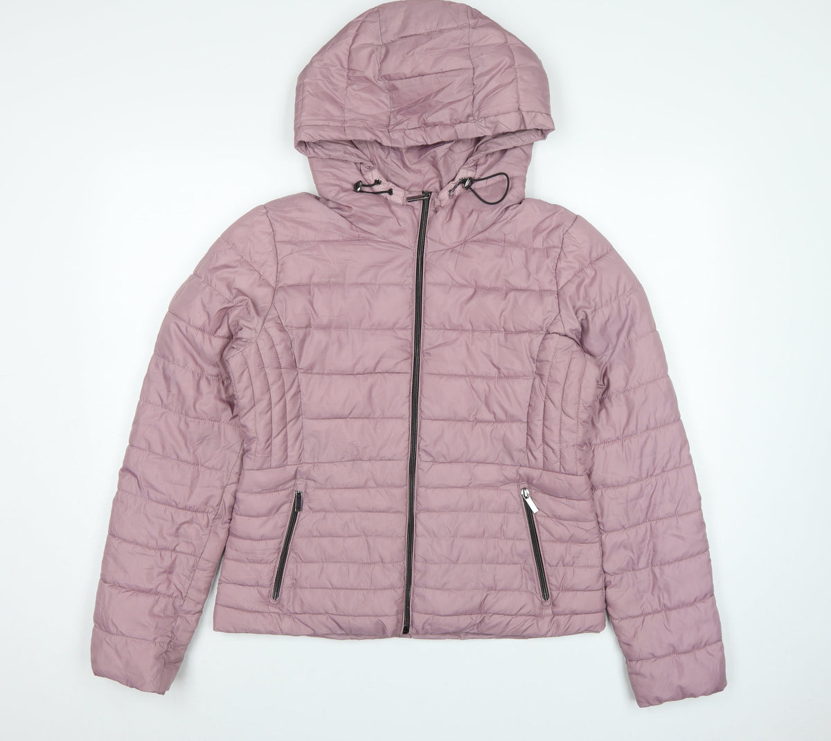Zara Women Pink L Hooded Puffer Jacket Quilted Full Zip