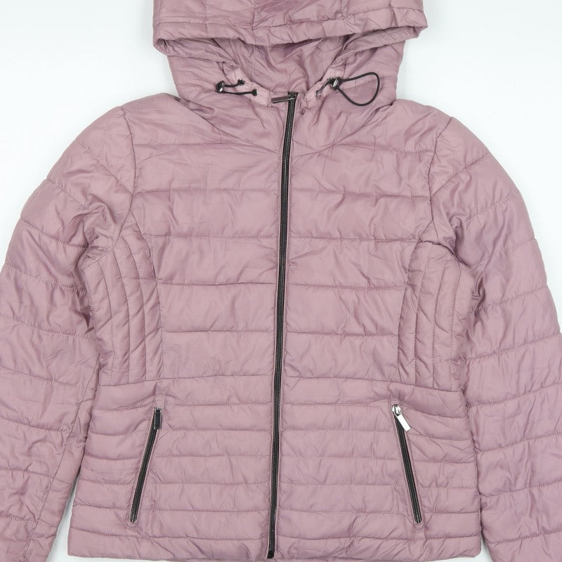 Zara Women Pink L Hooded Puffer Jacket Quilted Full Zip