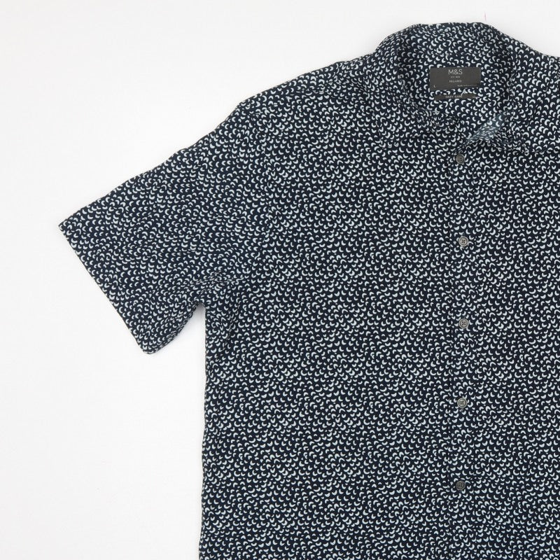 Marks & Spencer Men Black L Relaxed Fit Abstract Print Short Sleeve Shirt
