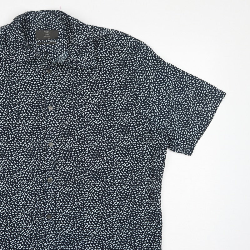 Marks & Spencer Men Black L Relaxed Fit Abstract Print Short Sleeve Shirt
