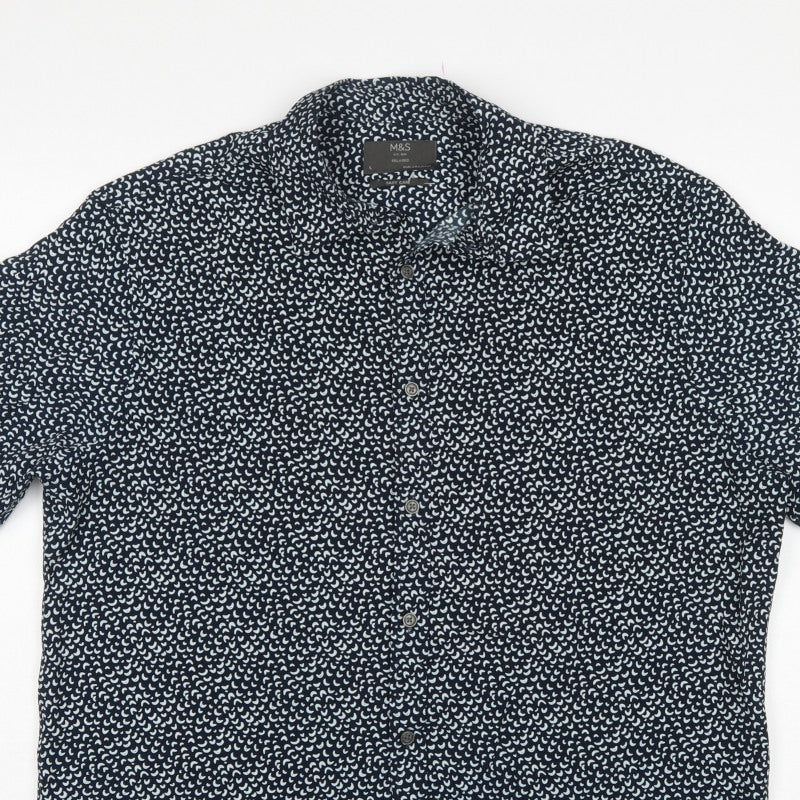 Marks & Spencer Men Black L Relaxed Fit Abstract Print Short Sleeve Shirt