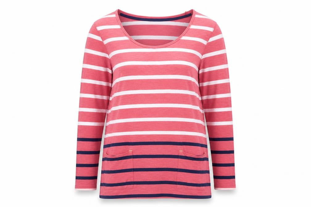White Stuff Women Pink Stripe Cotton Jersey Long Sleeve Top UK 10