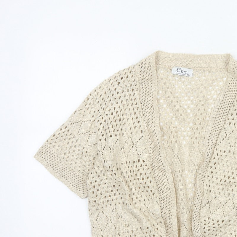 Chic Women Ivory M Open Knit Crochet Short Sleeve Cardigan