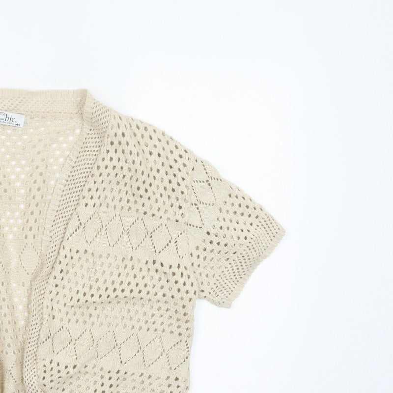 Chic Women Ivory M Open Knit Crochet Short Sleeve Cardigan