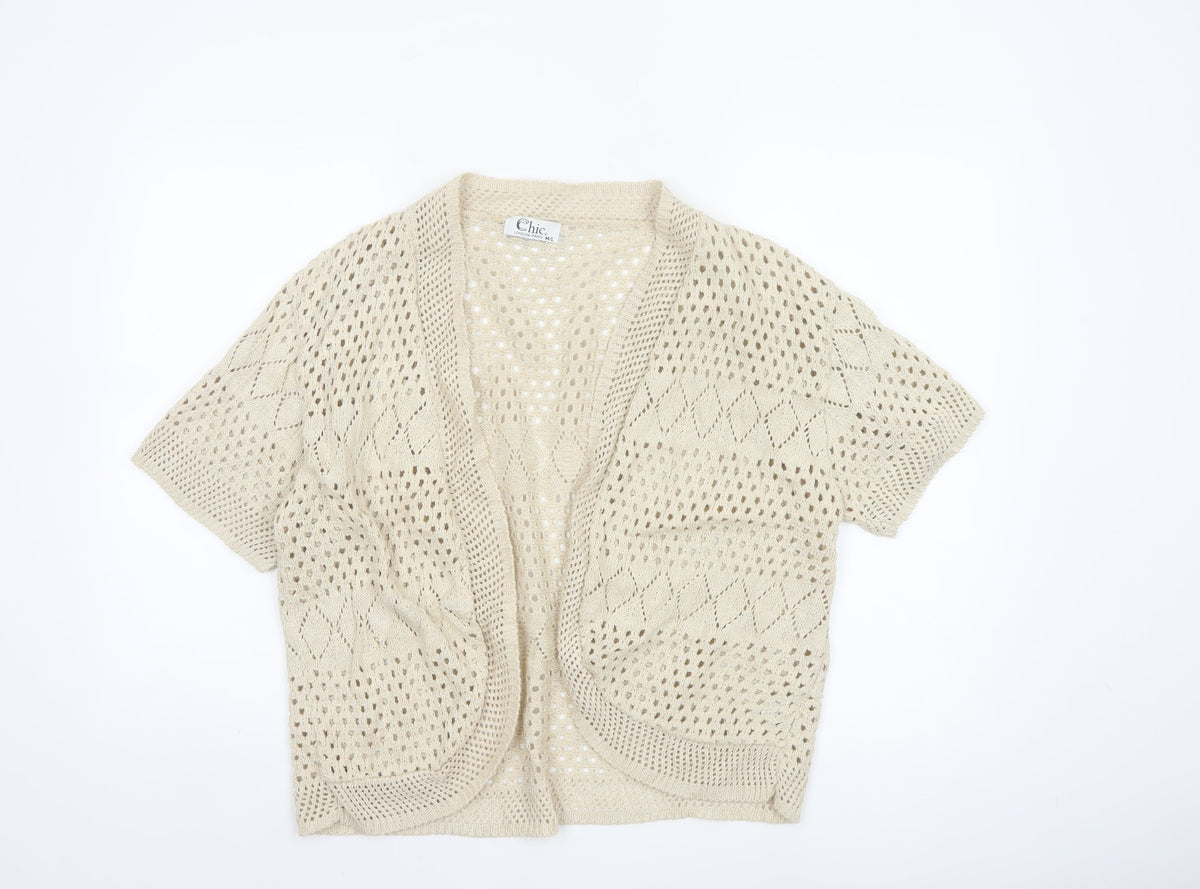 Chic Women Ivory M Open Knit Crochet Short Sleeve Cardigan