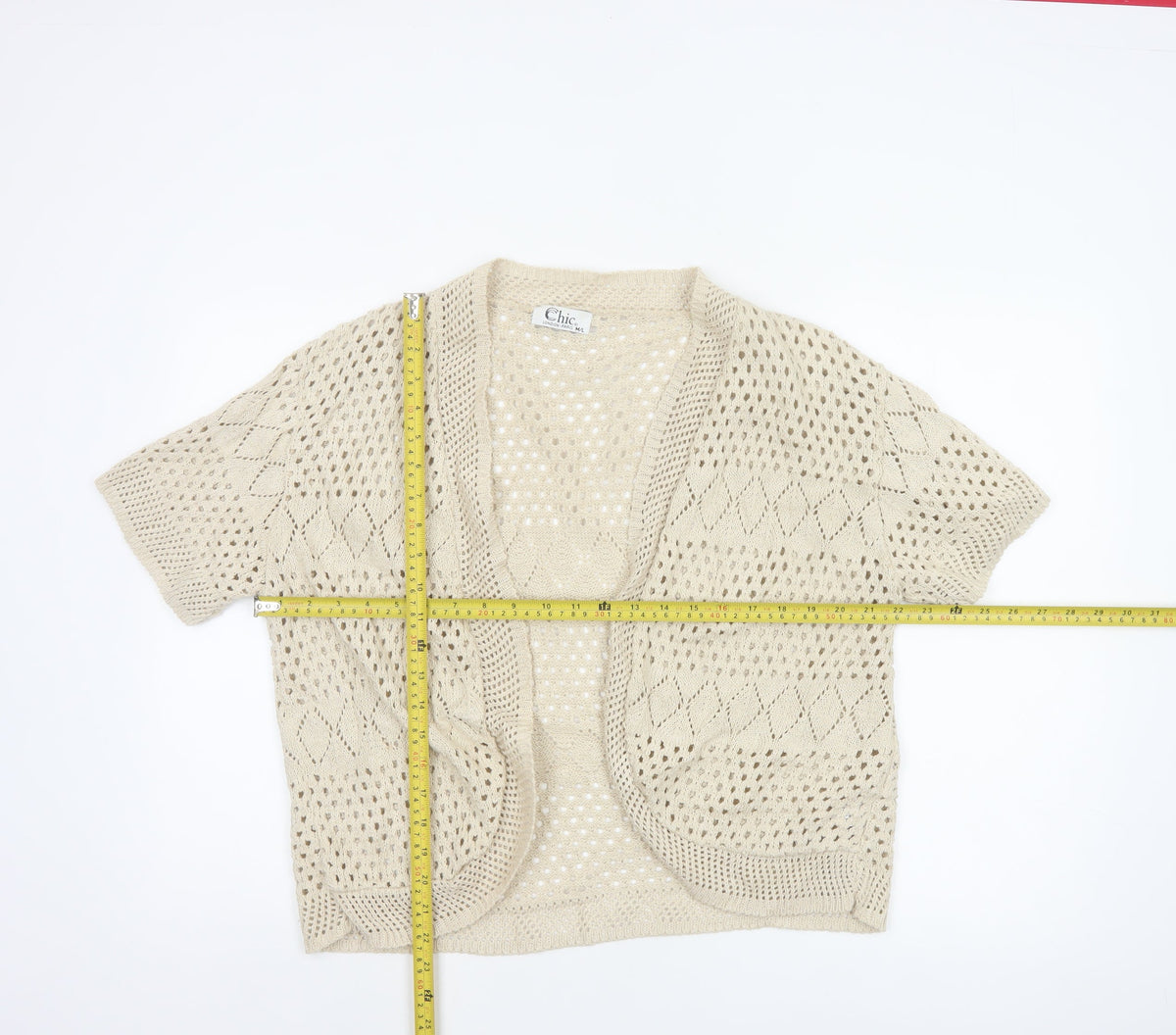 Chic Women Ivory M Open Knit Crochet Short Sleeve Cardigan