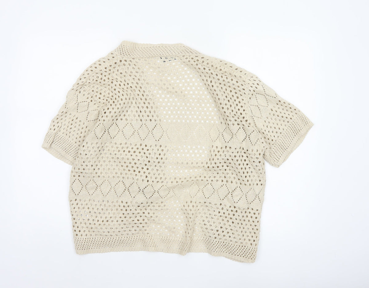 Chic Women Ivory M Open Knit Crochet Short Sleeve Cardigan