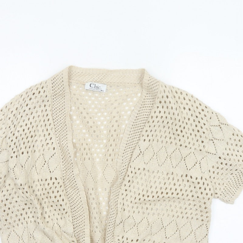 Chic Women Ivory M Open Knit Crochet Short Sleeve Cardigan