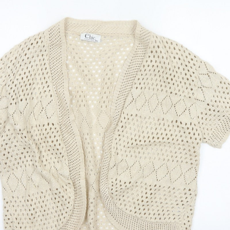 Chic Women Ivory M Open Knit Crochet Short Sleeve Cardigan