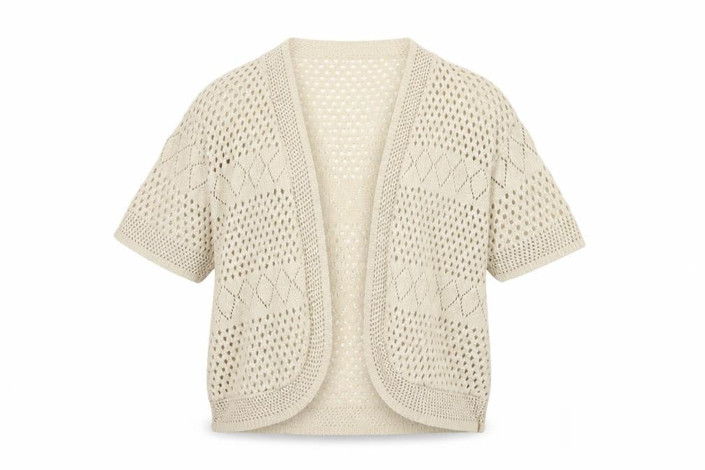 Chic Women Ivory M Open Knit Crochet Short Sleeve Cardigan