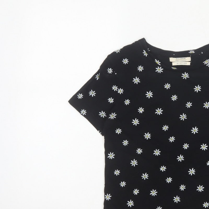 Pull&Bear Women Black Daisy Floral Slim Cotton T-Shirt Size S