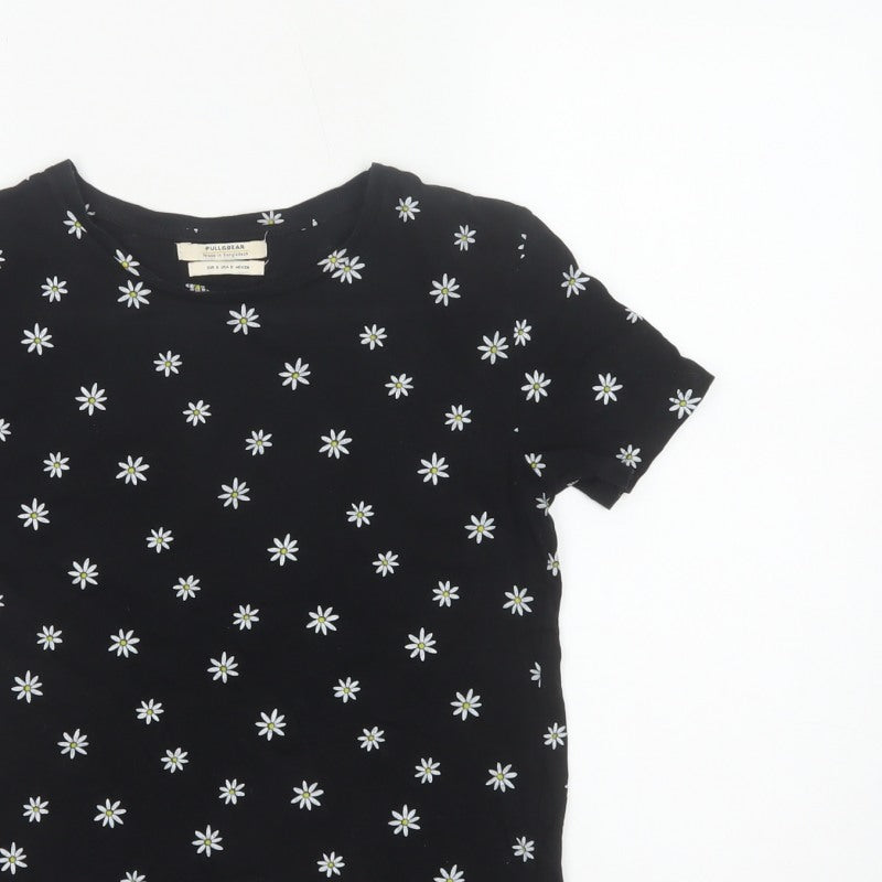 Pull&Bear Women Black Daisy Floral Slim Cotton T-Shirt Size S