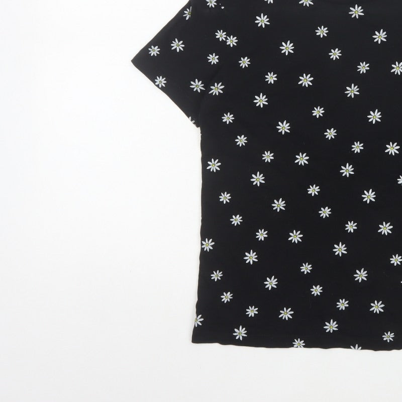 Pull&Bear Women Black Daisy Floral Slim Cotton T-Shirt Size S