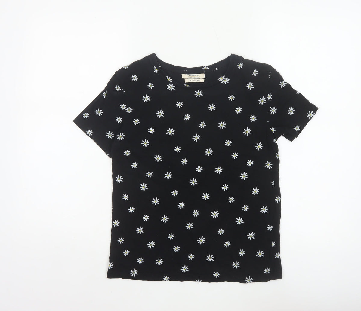 Pull&Bear Women Black Daisy Floral Slim Cotton T-Shirt Size S
