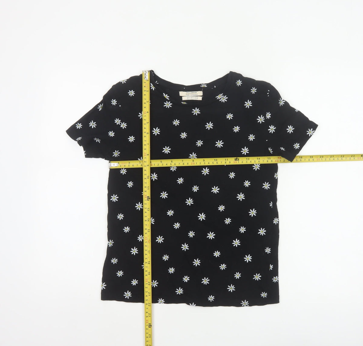 Pull&Bear Women Black Daisy Floral Slim Cotton T-Shirt Size S