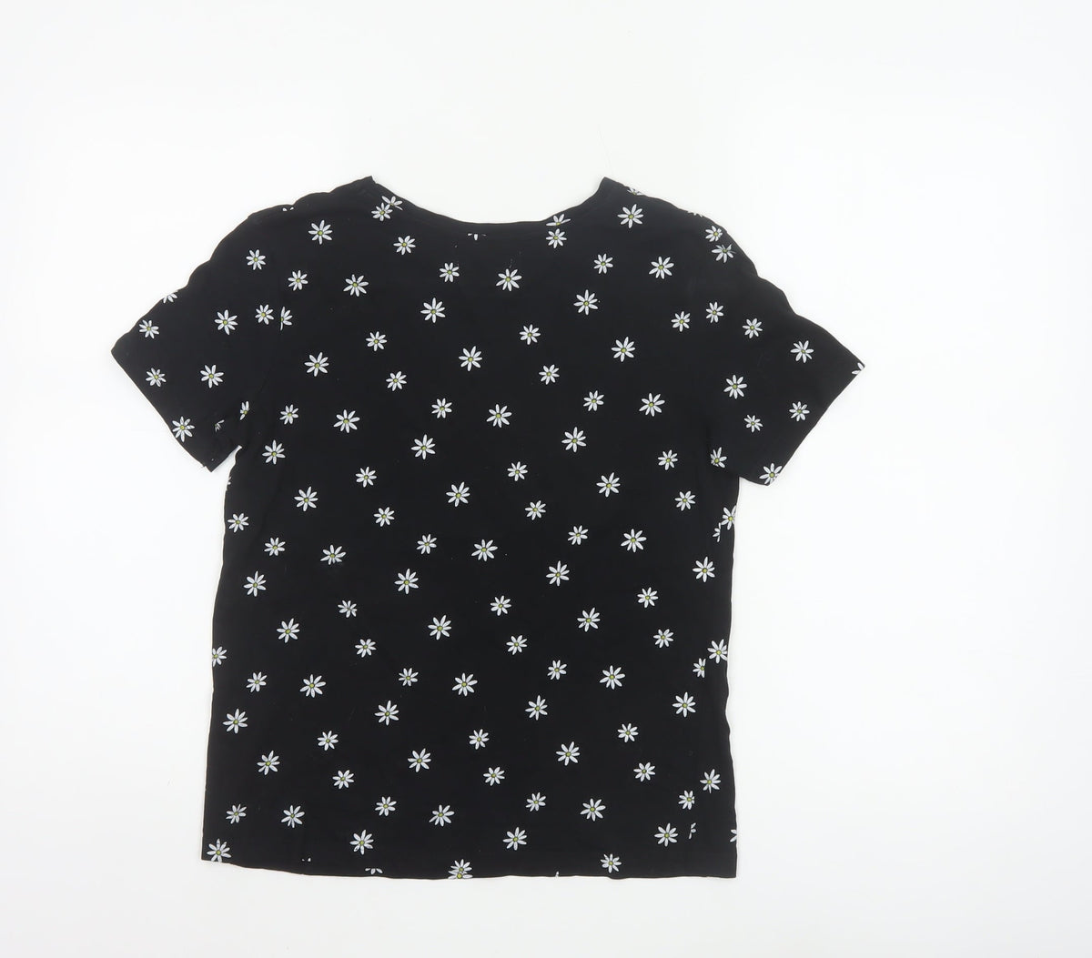 Pull&Bear Women Black Daisy Floral Slim Cotton T-Shirt Size S