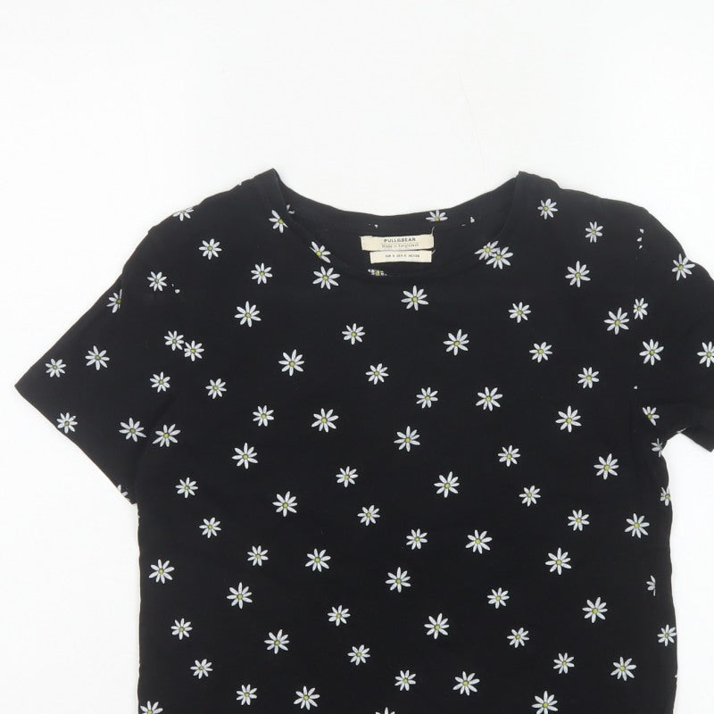 Pull&Bear Women Black Daisy Floral Slim Cotton T-Shirt Size S