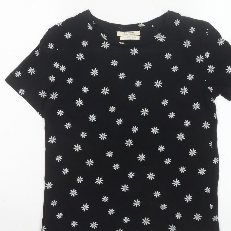 Pull&Bear Women Black Daisy Floral Slim Cotton T-Shirt Size S