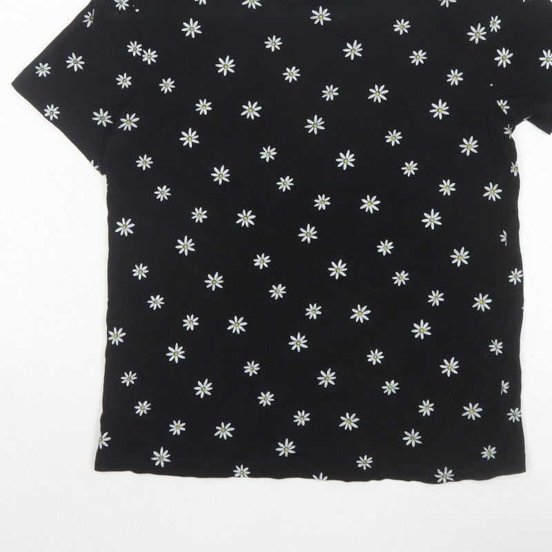 Pull&Bear Women Black Daisy Floral Slim Cotton T-Shirt Size S