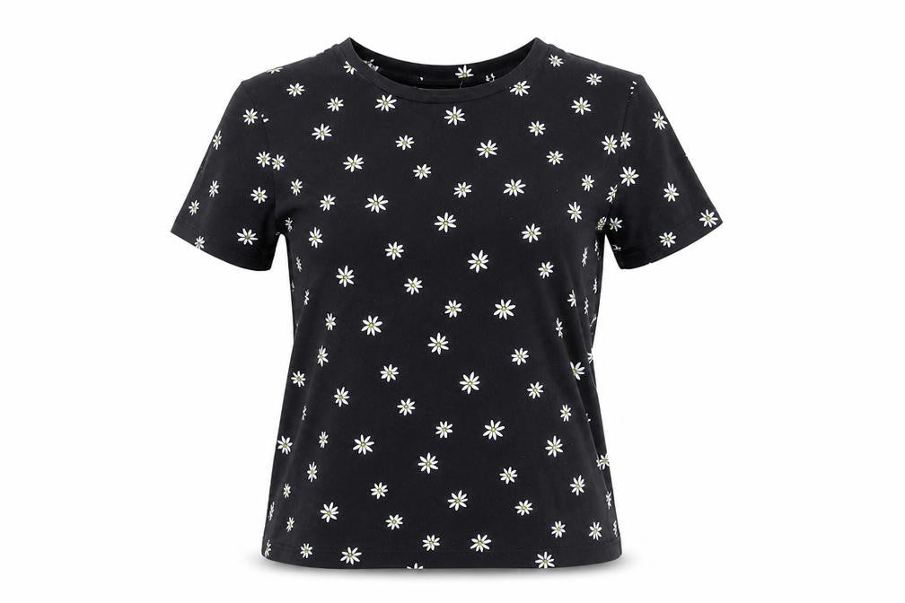 Pull&Bear Women Black Daisy Floral Slim Cotton T-Shirt Size S