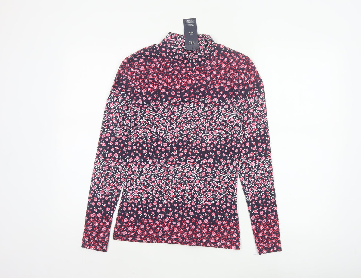 Marks & Spencer Women's Black Pink Floral Stretch Jersey Top UK 6