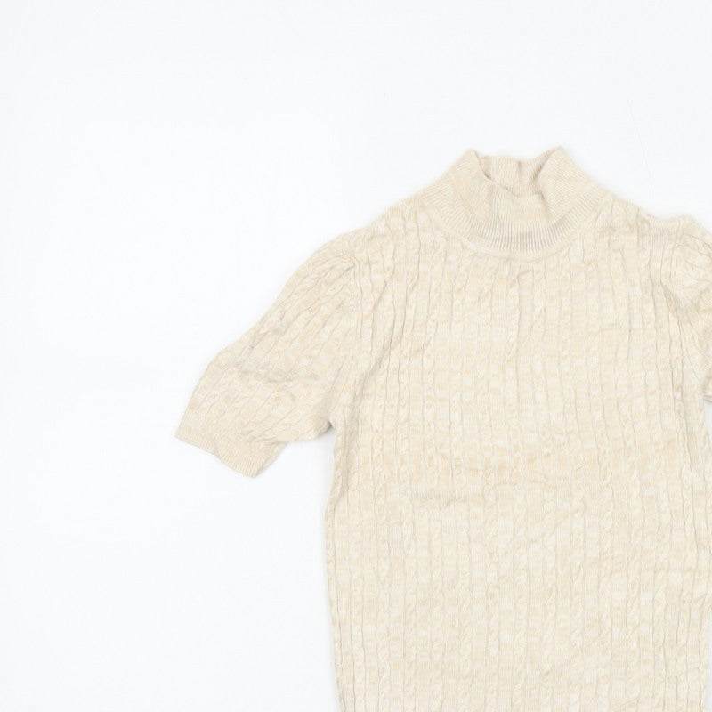 Miss Selfridge Women Ivory UK 6 Cable Knit Mock Neck Short Sleeve Tunic Jumper