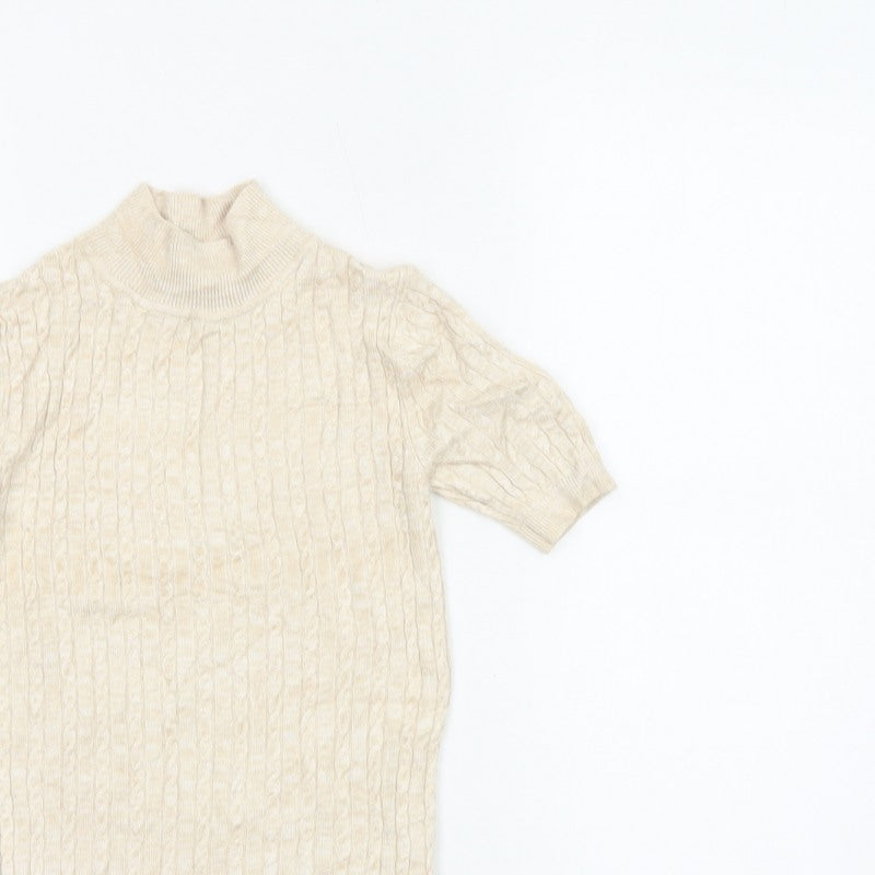 Miss Selfridge Women Ivory UK 6 Cable Knit Mock Neck Short Sleeve Tunic Jumper