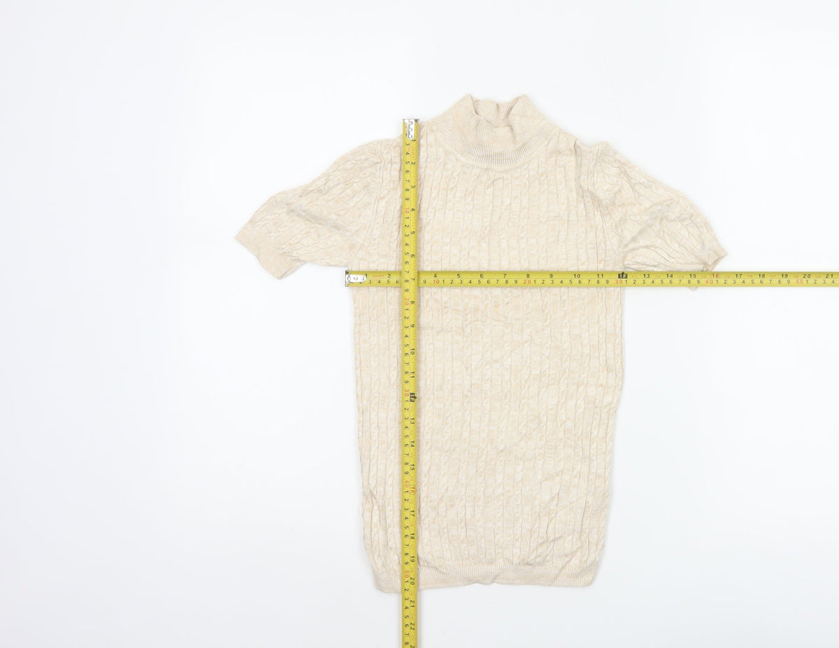 Miss Selfridge Women Ivory UK 6 Cable Knit Mock Neck Short Sleeve Tunic Jumper