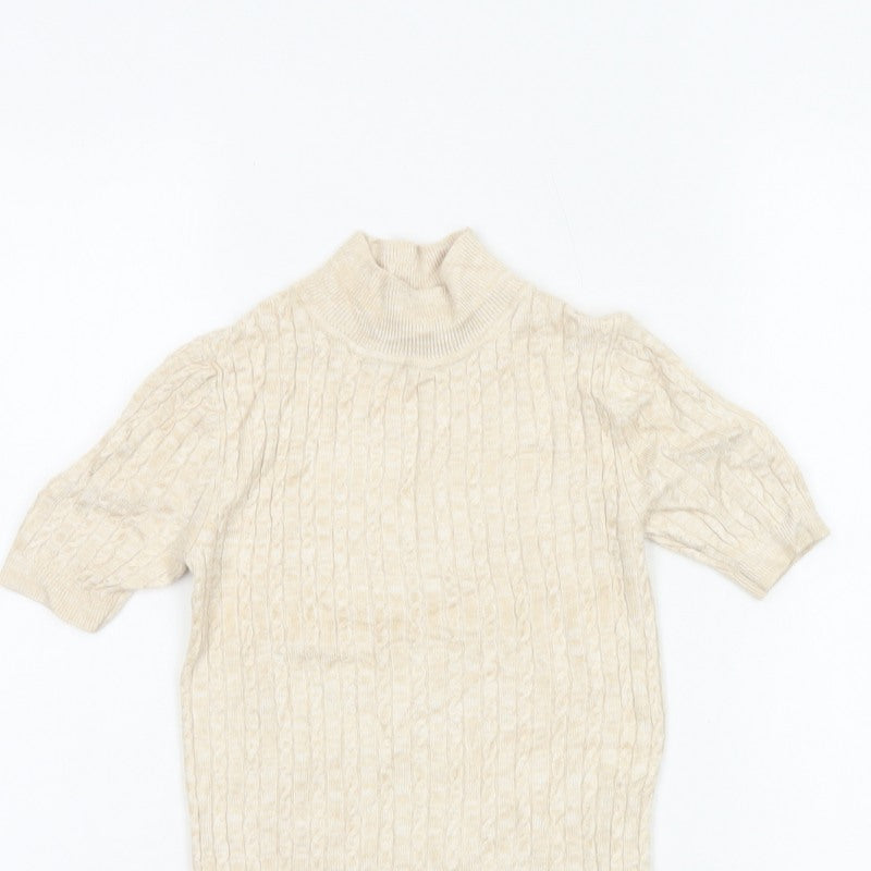 Miss Selfridge Women Ivory UK 6 Cable Knit Mock Neck Short Sleeve Tunic Jumper