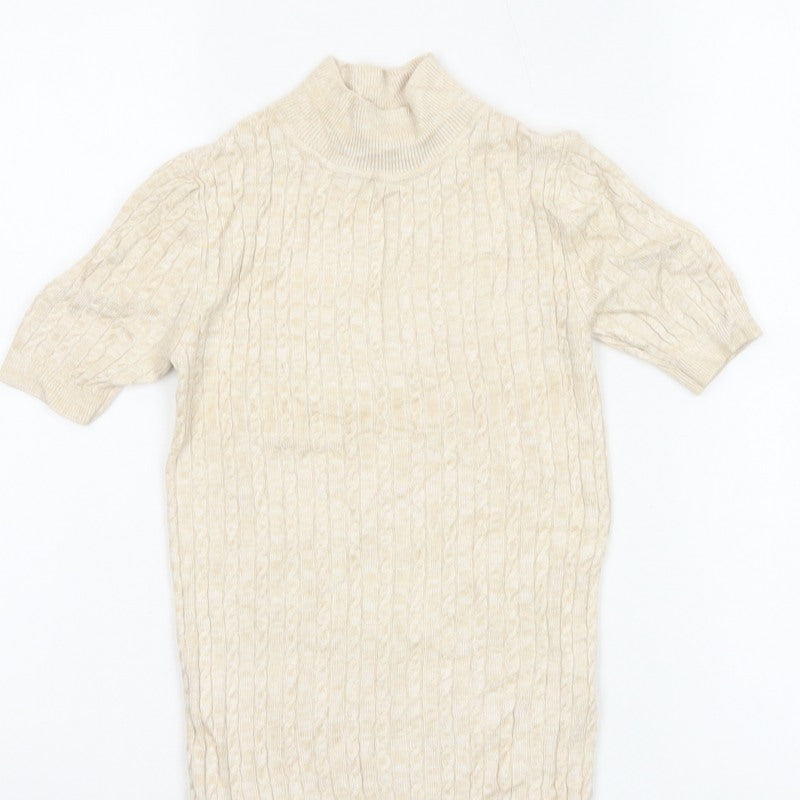 Miss Selfridge Women Ivory UK 6 Cable Knit Mock Neck Short Sleeve Tunic Jumper