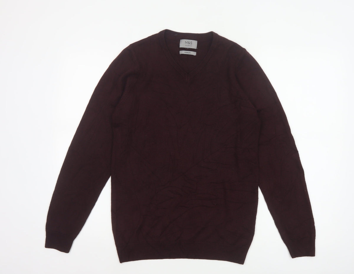 Marks and Spencer Men Brown Small V-Neck Fine Knit Pullover Jumper