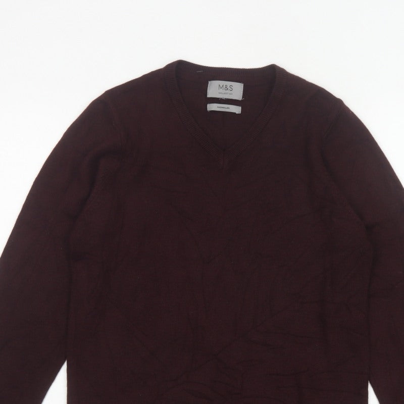 Marks and Spencer Men Brown Small V-Neck Fine Knit Pullover Jumper