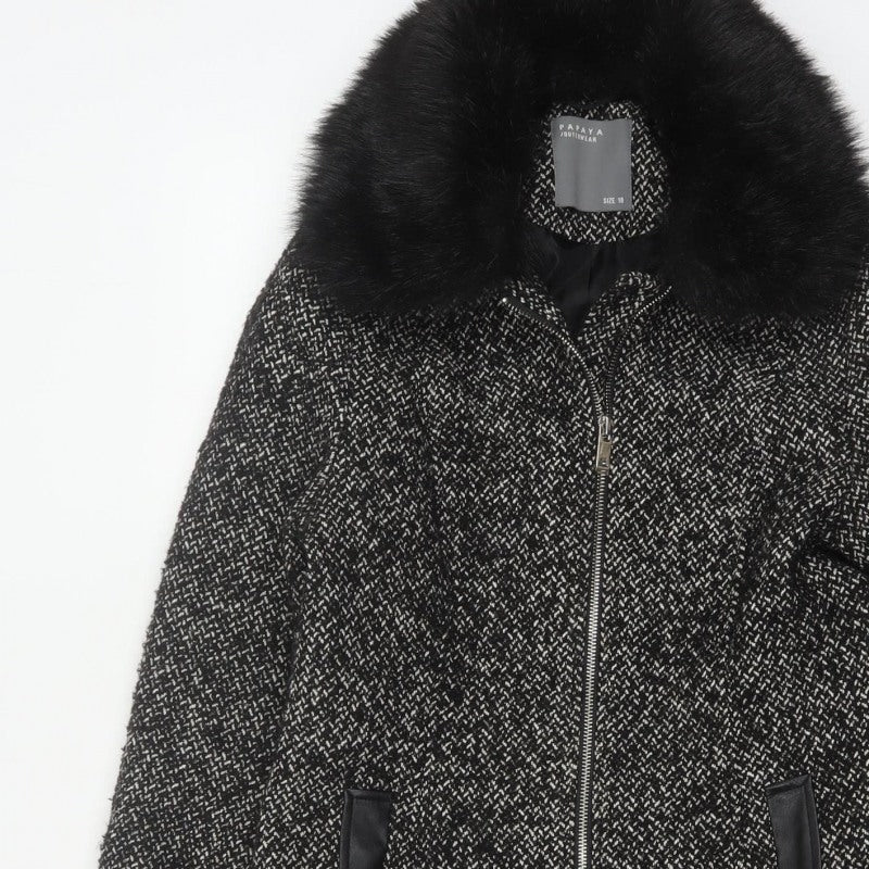 Papaya Women’s Black Herringbone Faux Fur Collar Zip Coat UK 10