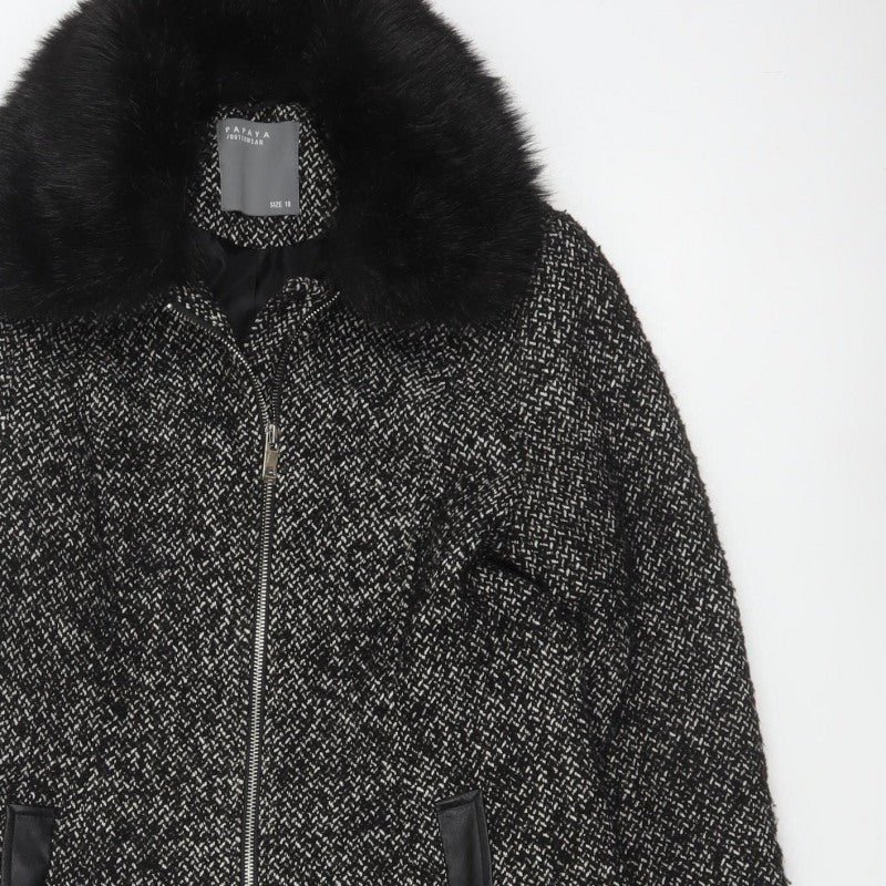 Papaya Women’s Black Herringbone Faux Fur Collar Zip Coat UK 10