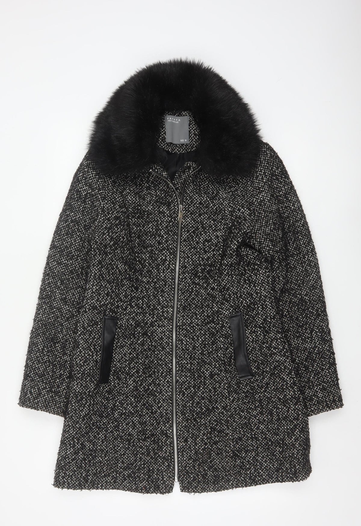 Papaya Women’s Black Herringbone Faux Fur Collar Zip Coat UK 10