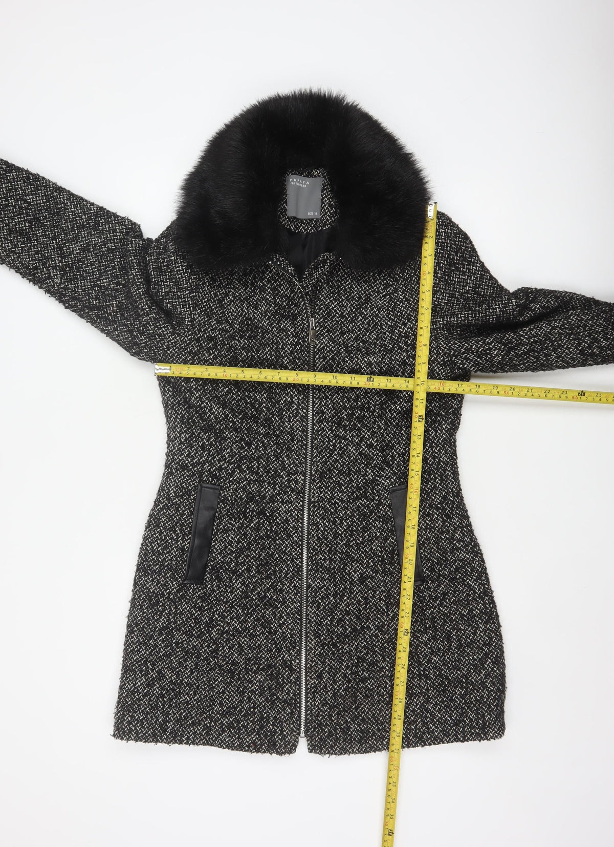 Papaya Women’s Black Herringbone Faux Fur Collar Zip Coat UK 10