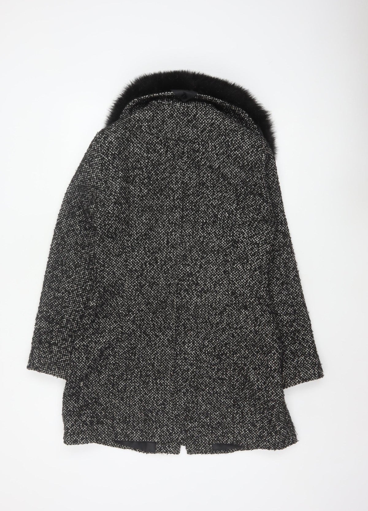 Papaya Women’s Black Herringbone Faux Fur Collar Zip Coat UK 10