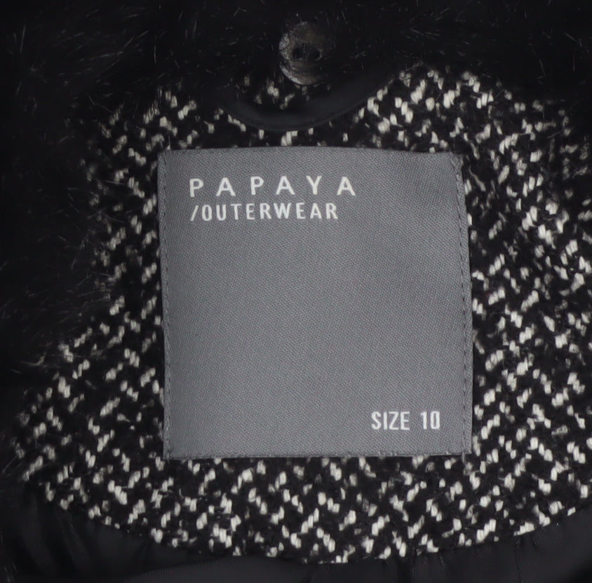 Papaya Women’s Black Herringbone Faux Fur Collar Zip Coat UK 10