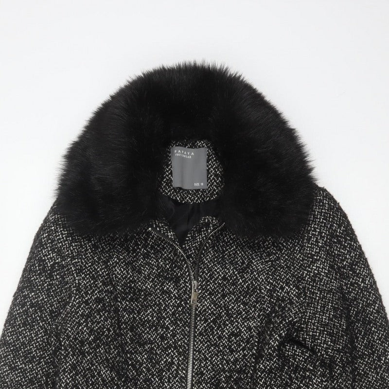 Papaya Women’s Black Herringbone Faux Fur Collar Zip Coat UK 10