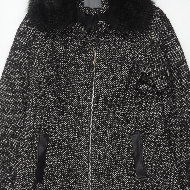 Papaya Women’s Black Herringbone Faux Fur Collar Zip Coat UK 10